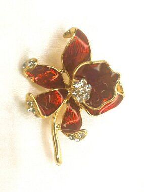 New Red Enamel Flower Brooch Gold Tone Rhinestone Pin Elegant Floral Jewelry